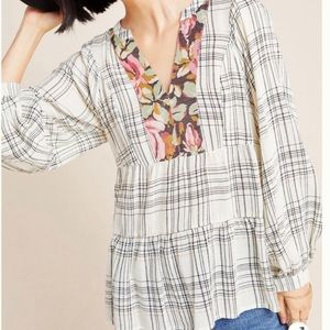 Anthropologie Darlene Plaid Peasant Top Blouse XS